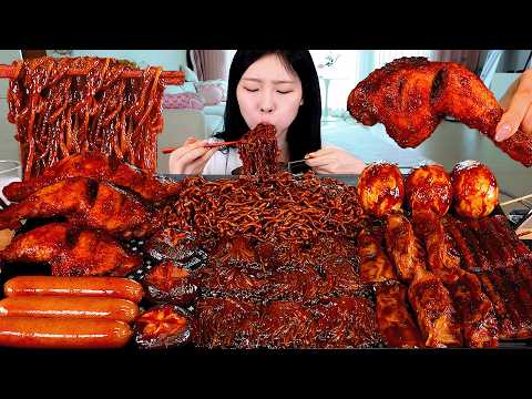 ASMR MUKBANG| 직접 만든 불닭 짜장 버섯 양념치킨 소세지 파김치 먹방 & 레시피 SPICY MUSHROOMS AND FIRE NOODLES EATING